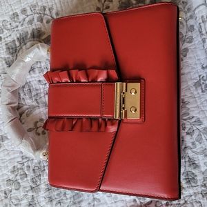 NWT Michael Kors Sloan Medium Ruffle Top Handle Satchel  Color: Red